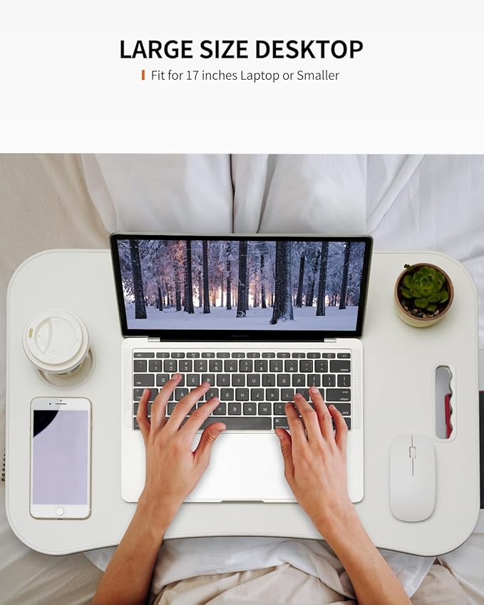 Foldable Laptop Table, Portable Lap Desk Bed Table Tray, Laptop Stand with Cup Holder & Tablet Slot & Lifting Handle for Working Writing Drawing & Eating (White)