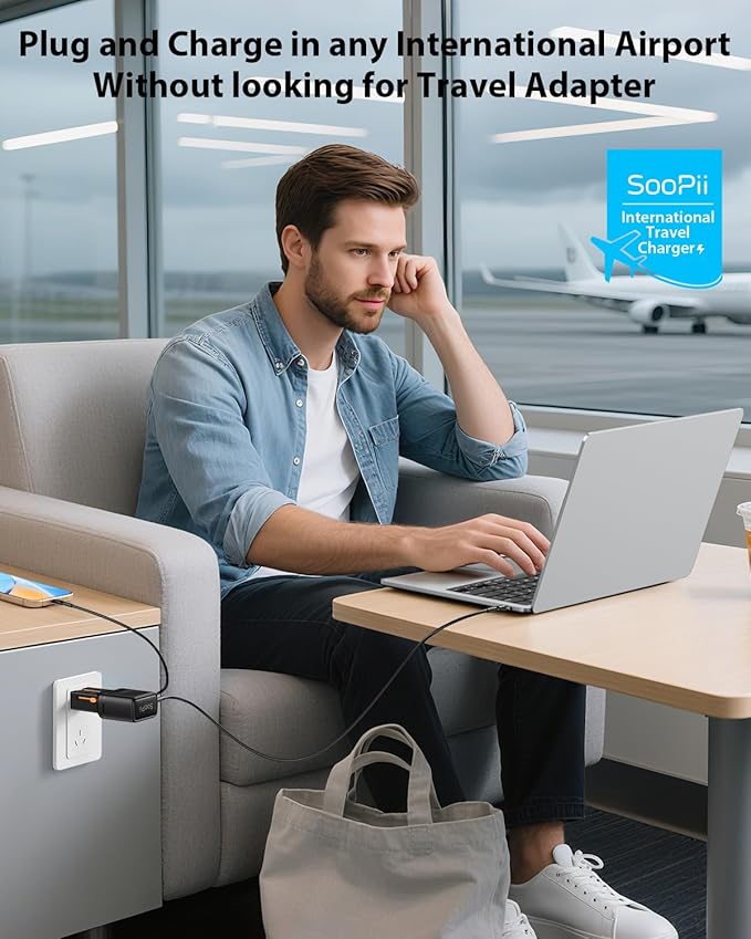 SooPii Universal Travel Adapter, 65W GaN Power Adapter with 2 USB-C Ports,International Power Adapter,Travel Charger with US/UK/EU/AU Plug for iPhone 16/15, Galaxy S25/S24, iPad, etc.