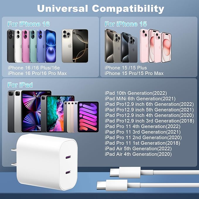 iPhone 17 16 Charger,20W Dual Port Type C Charger Fast Charging Block,2Pack Double USB C Phone Chargers 10FT Long USB C Cord for iPhone 17/17 ProMax/17 Pro/17 Air/16 ProMax/16 Pro/16e/15 ProMax/15 Pro