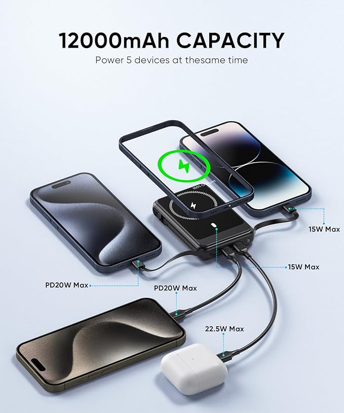 superallure Magnetic Power Bank 12000mAh for Magsafe Portable Charger, 22.5W Fast Charger Wireless Battery Pack with Built in Cables, for iPhone 16/16 Plus/16 Pro/16 Pro Max iPhone 15/14/13/12 Series