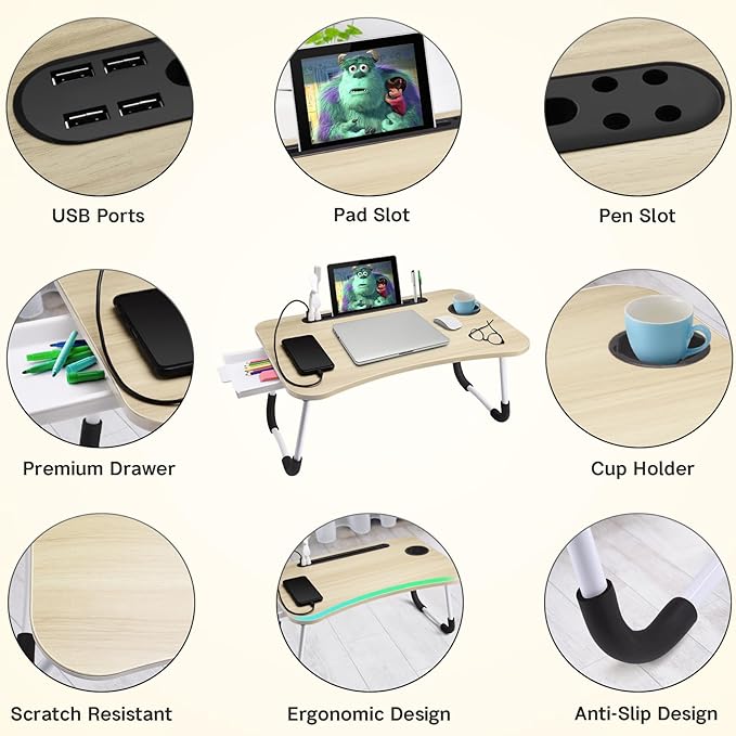 Slendor Lap Desk with Tablet Slot, Foldable Laptop Table with Storage Drawer，Portable Bed Desk for Laptop, Computer Tray with Cup Holder Notebook Stand Reading Holder for Couch Floor, White Maple
