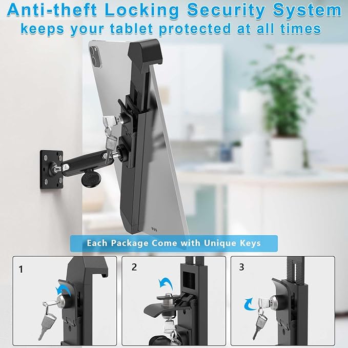 Tablet Wall Mount Lock Holder for 9-14" iPad, Metal Anti Theft Tablet Kiosk Mount with Secure Lockable for Conference Room, Desktop, Under Counter, Cabinet, Gym - Fits iPad, Galaxy Tab Series