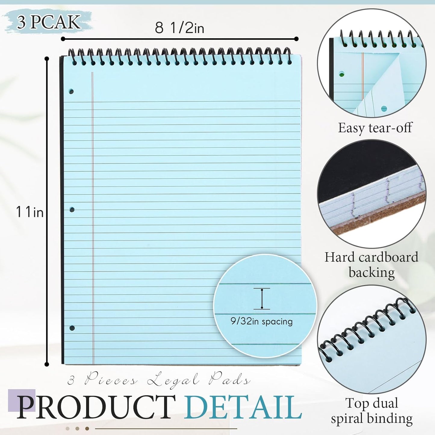 3 Packs 8.5" x 11" Top Spiral Notebook with 3 Hole Punched Legal Pads College Ruled Notepad 50 Sheets Hard Cardboard Paper Wirebound Notepad for Office School Business (Blue)