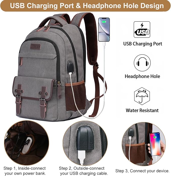 Mactso Canvas Travel Laptop Backpack for Men Women, Business Work Rucksack College School Computer Bag Fits 15.6 Inch Notebook,Bookbag with USB Charging Port (Grey, 15.6 Inch)