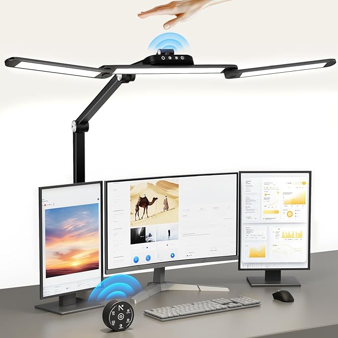 Table Lamp, LED Desk Lamp with Clamp and Base, Architect Desk Lamp for Home Office with Remote Control, 24W Ultra Bright Desk Light with Gesture Sensor Switch, Memory Function, Eye Caring Table Light