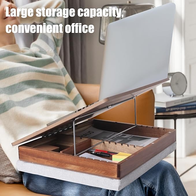 Easel Lap Desk for Adults, Acacia Wood Lap Desk for Laptop with Storage and Cushion, Height Adjusted Laptop Pad for Writing, Drawing, Laptop Work, and More, Fits up to 17.3 Inch Laptop
