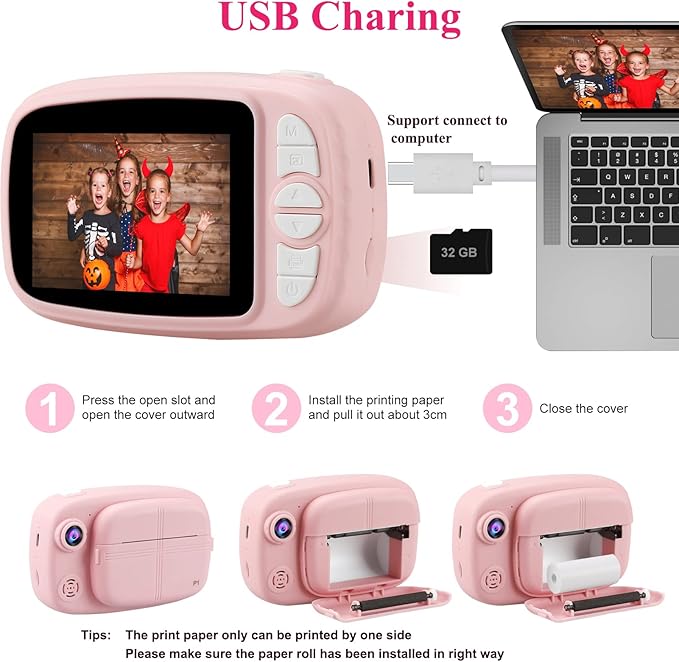 Kids Instant Camera, Mijiaowatch 12MP/1080P Kids Digital Print Camera, 3.5 Inch Print Cameras for Kids with Print Paper 32GB TF Card, Video Photo Recorder 3 in 1 Gift for Girls Boys Ages 3-14 (Pink)