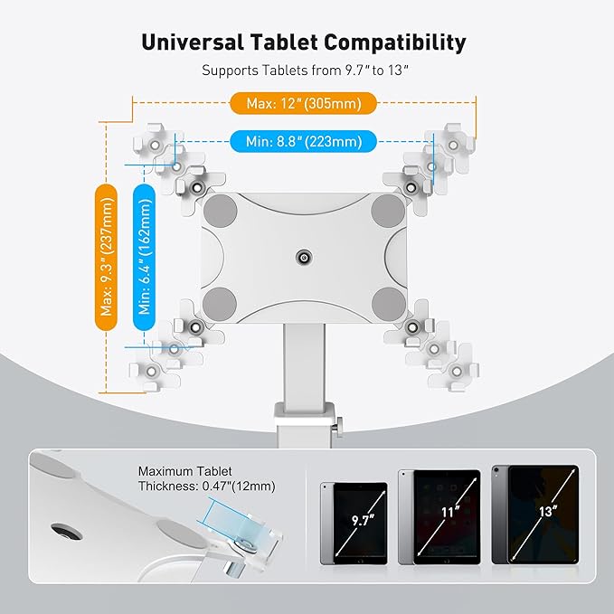 AboveTEK iPad Clamp Mount Desk, Adjustable Tablet Holder Clamp with 360° Rotation & 180° Tilt, Fits 9.7"-13" Tablets, Anti-Theft iPad Desk Stand, Heavy-Duty Aluminum Tablet Stand, Perfect for Work