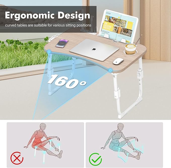 Lap Desk for Bed Adjustable Height, Foldable Bed Table with Storage Drawer, Tablet Slot & Cup Holder, Portable Laptop Stand for Bed & Sofa, Bed Desk for Adults & Kids, Glacier