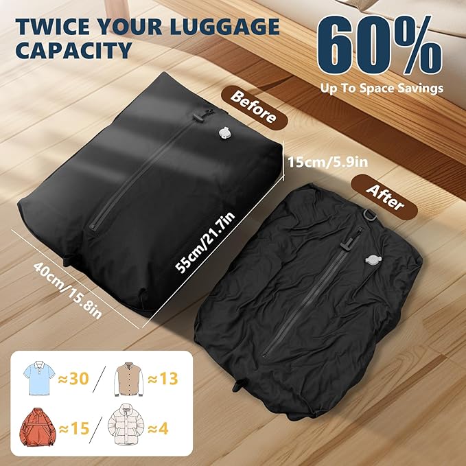 33L Professional Vacuum Bags for Travel with Wireless Vacuum Pump, Dobaly IP67 Reusable Vacuum Compression Bags for Suitcases and Backpack Space Saver Vacuum Bags Lightweight&Durable (2PC+Pump)
