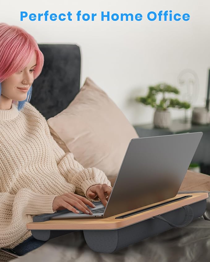 Portable Lap Desk, Laptop Stand for Bed with Soft Wrist Rest, Tablet/Phone Slot, Fabric Handle, Laptop Bed Desk with Cushion (Light Brown)