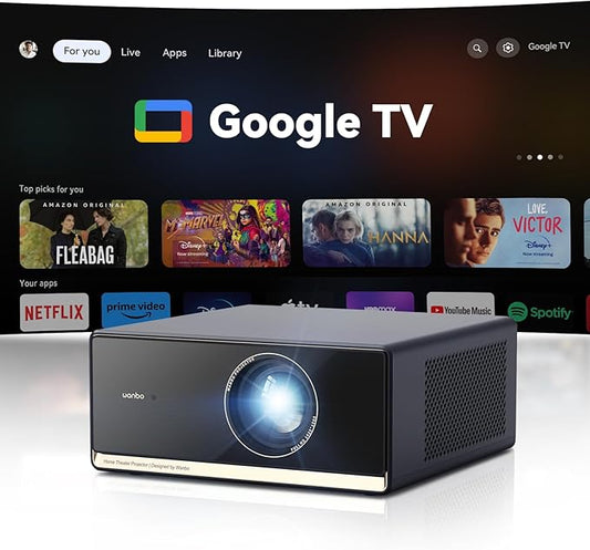 Google TV Projector 4K Supported, Wanbo X5 Pro 1100 ANSI Smart Projector with WiFi and Bluetooth, Outdoor & Home Movie Proyector, Auto Focus & Keystone, 26dB Quiet, HDMI 2.0, Voice Control, HDR10