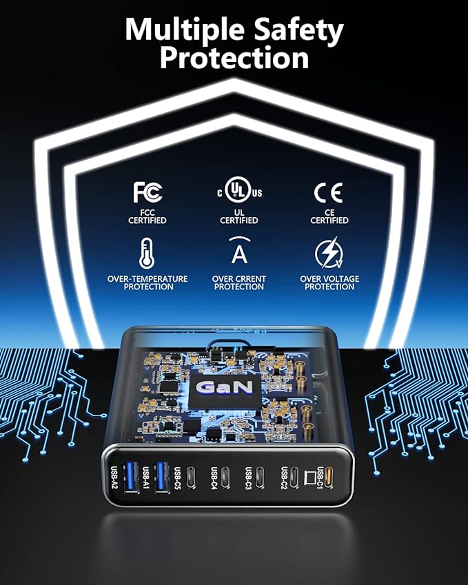 Aluminum Alloy 260W USB C Charger GaN Fast USB C Charging Station 7 Ports 65W Laptop Charger for MacBook Pro/Air/iPad Pro/iPhone (Gray)