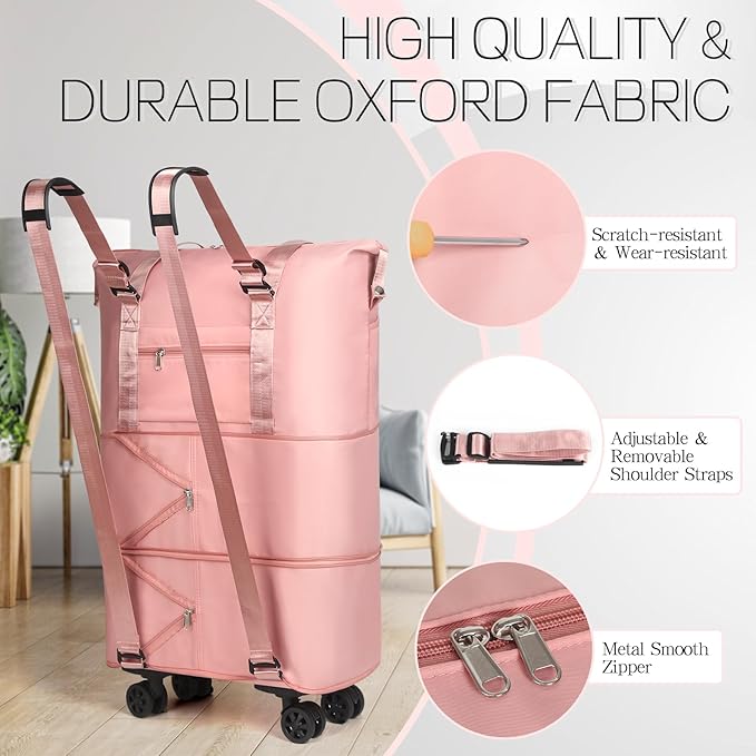 VOOWO Duffel Bag with Wheels - Rolling Foldable Expandable Duffle bags for Travel, Rolling Under Seat Luggage Carry On Travel Bag, Large Wheeled Overnight Weekender Bag (Pink)