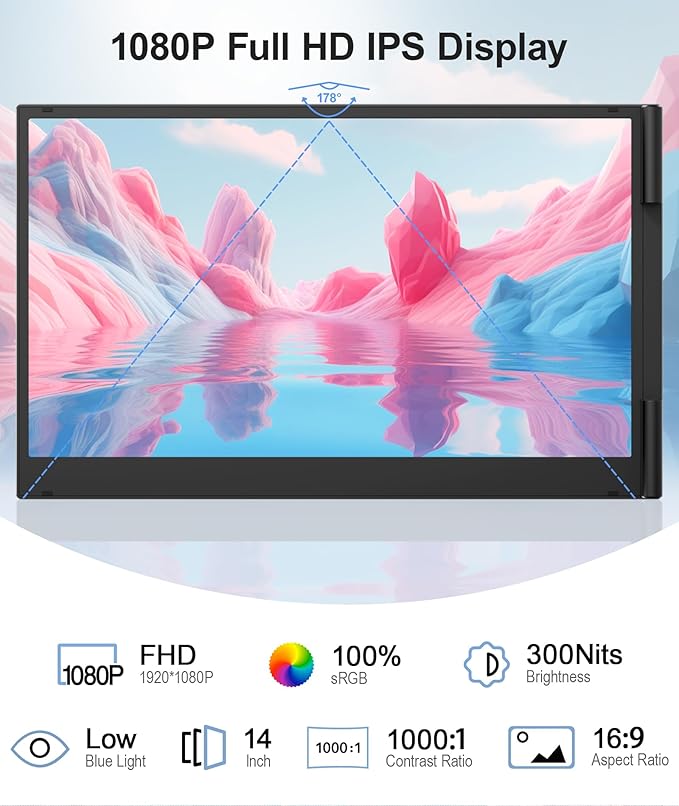 Laptop Screen Extender, Ultra-Thin 14" FHD 1080P Portable Monitor for Laptop, 2.2lbs Lightweight Triple Monitor Extender Plug & Play for 13"-17" Laptops, Compatible with Wins/Mac/Android/Chrome