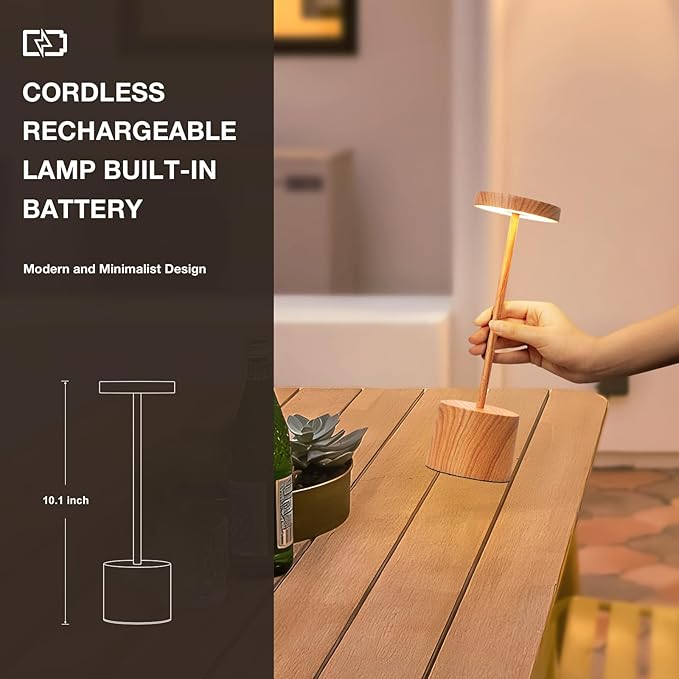 Kakanuo Wooden Rechargeable Cordless Lamp - Touch Control, 3 Color Temperature, LED Outdoor Wireless Lamp, Battery Operated Lamps, Stepless Dimmable, Set of 2