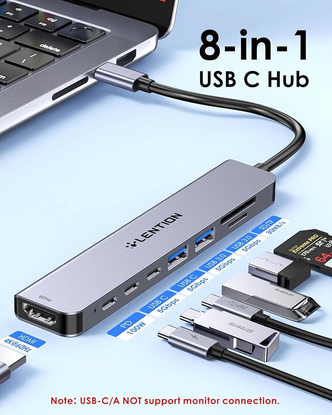 LENTION 8 in 1 USB C Hub with 4K@60Hz HDMI Adapter, 2 USB C Data & 2 USB 3.0 Port, 100W PD, SD/Micro SD Card Reader for 2016-2025 MacBook Pro M4, New Mac Air/Surface, More, (CB-CE19, Space Gray)