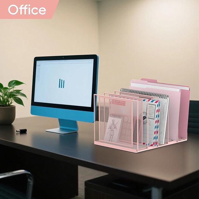 File Organizer for Desk, 5-Section Vertical File Sorter, Paper Holder Organizer Standing Metal File Folder for Office Home Classroom, Pink