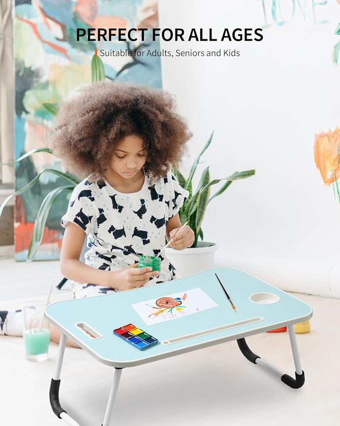 Foldable Laptop Table, Portable Lap Desk Bed Table Tray, Laptop Stand with Cup Holder & Tablet Slot & Lifting Handle for Working Writing Drawing & Eating (Blue)