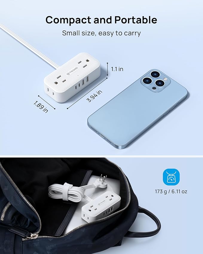 TROND Flat Plug Power Strip 3FT, Small Flat Extension Cord with Multiple Outlets, 4 AC and 4 USB Ports (2 USB C), Wall Mount 900J Surge Protector for Home Office Travel Dorm Room Essentials, White