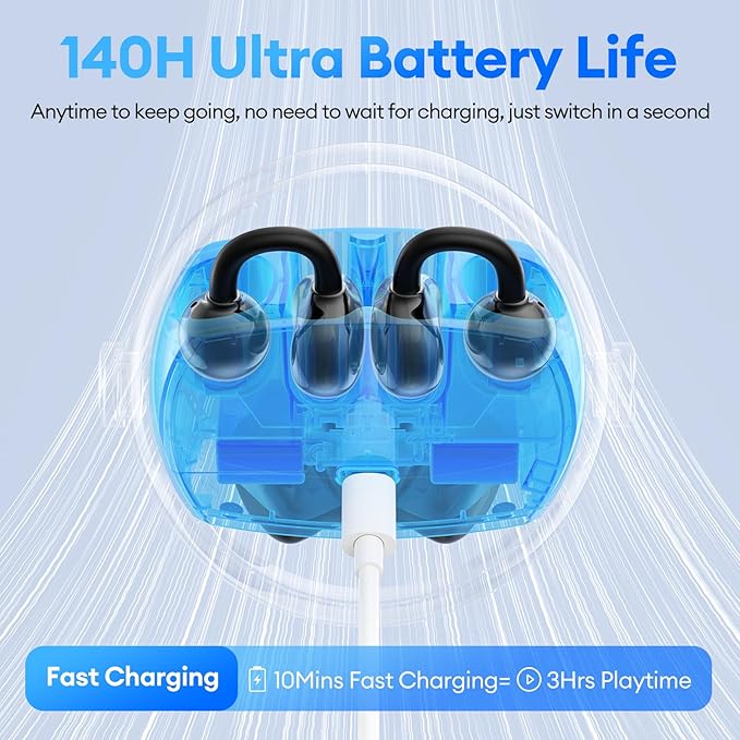 2 in 1 Clip on Open Ear Headphones Wireless Earbuds, 0 Delay Bluetooth 6.0, Ultra-long 140H Play, Auto L-R Recognition Touch Control, Hybrid Noise Reduction for Work Fitness Daily Use, Ctbuds Black