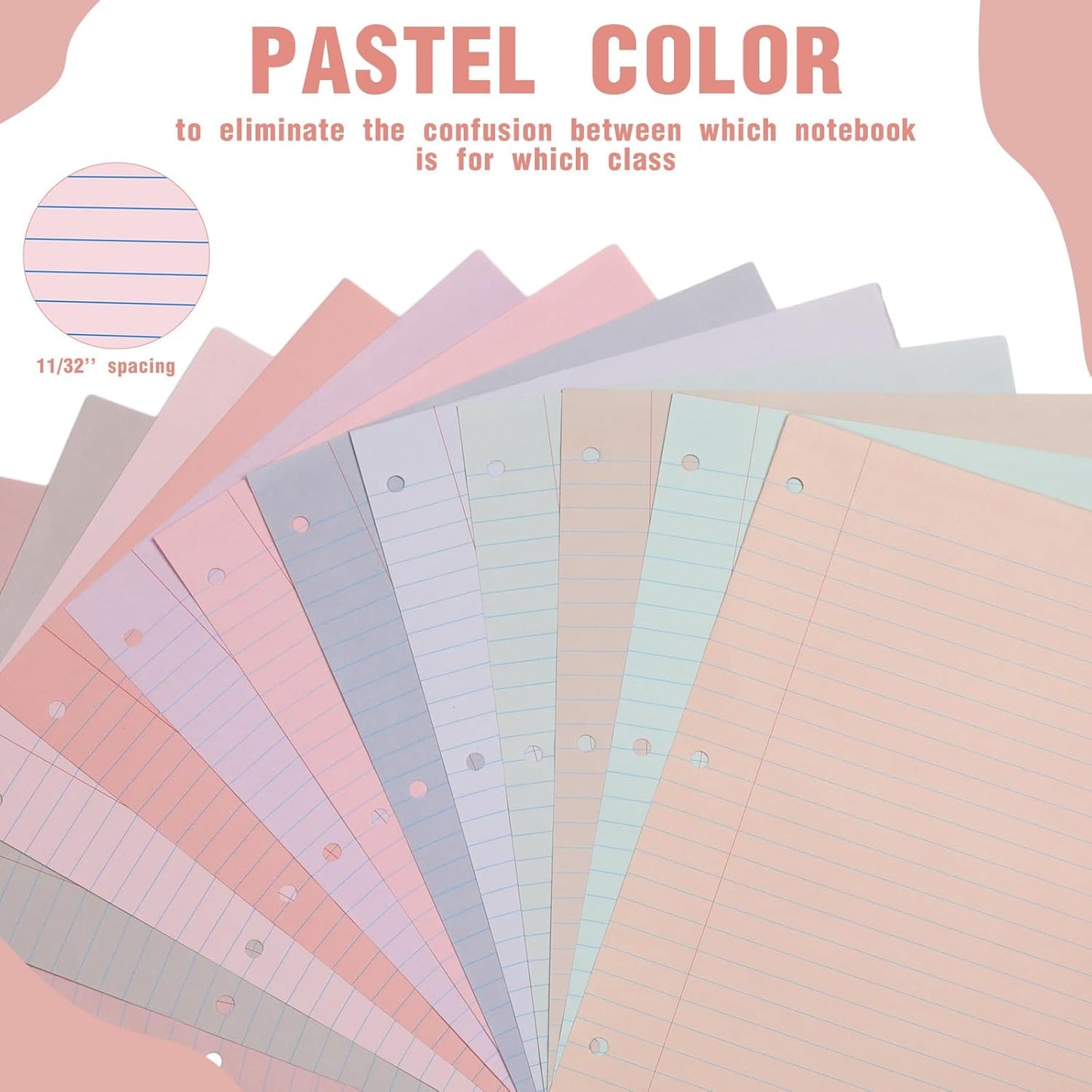 PerKoop 12 Pack 600 Sheets Colored Lined Paper Bulk Wide Ruled 8 x 10.5 Inches, Pastel Loose Leaf Notebook Paper 3 Hole Punched Filler for Back School Classroom Supplies(Fantasy Color)