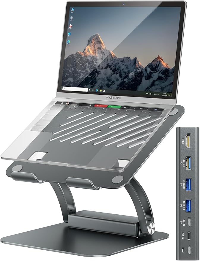 tounee Laptop Stand with Detachable USB-C Hub, 100W PD Charging, 4K@60Hz HDMI, 3 USB Ports, Ergonomic Laptop Holder Docking Station for 10-17" Laptops, MacBook & More - Gray
