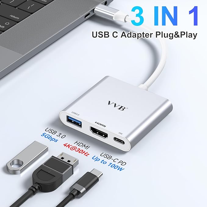 USB C to HDMI Adapter,USB-C Adapter Hub with 4K HDMI,USB3.0,Type C PD Charge Port 4K Multiport Digital AV Converter for iPad Pro/air,MacBook Pro/air,Tablet,Switch and More USBC Device