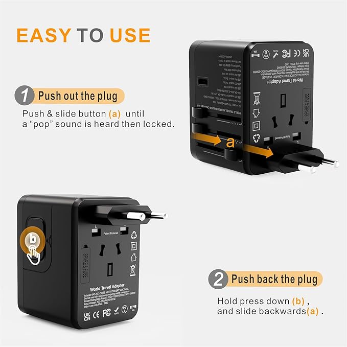 Universal Travel Adapter Worldwide- 35W GaN III/PD Fast Charge European Travel Plug Adapter with 3 USB-C& 2 USB-A Ports, International Power Adapter for US to Europe UK AUS Japan(Type C/G/A/I) (black)