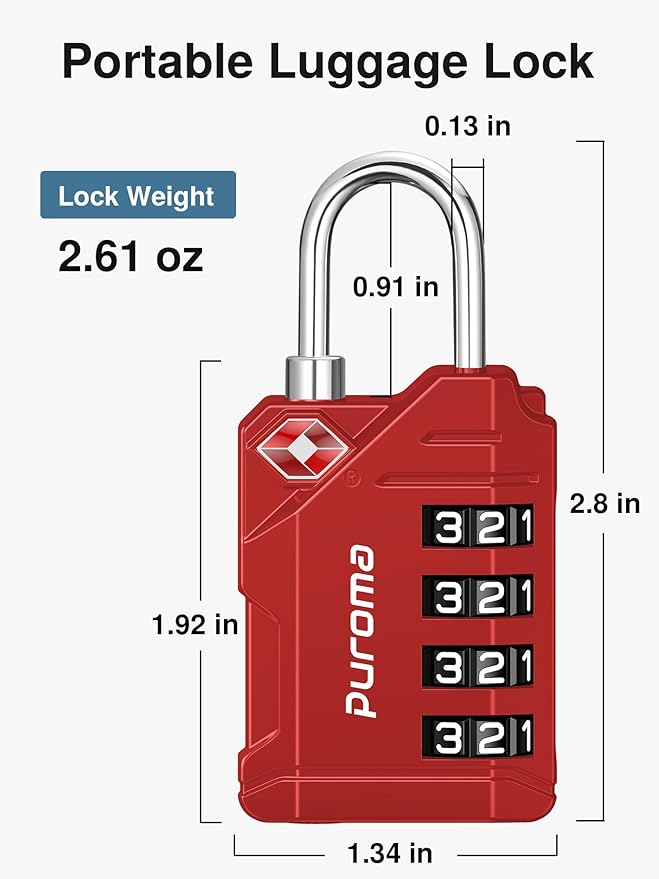 Puroma TSA Approved Luggage Locks, 2 Pack 4 Digit Resettable Travel Combination Code Lock with Zinc Alloy Body for Suitcase, Backpack, Laptop Bag, Gym Locker, Toolbox (Red)