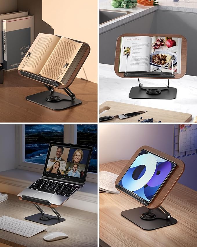 Viozon Book Stand for Reading,Book Holder, Height&Angle Adjustable, 360° Rotating Base, Foldable and Portable, Lightweight for Office, Kitchen, School Textbook, Recipe, Magazine,Kindle,Tablet DW