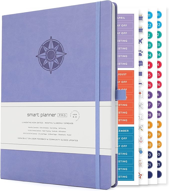 Smart Planner Pro – Large 11 x 8.5 inches (A4) – Undated Agenda Daily Planner – Tested & Proven to Achieve Goals & Increase Productivity, Time Management & Happiness with Weekly, Monthly, Gratitude Sections, Back Pocket (Lavender)