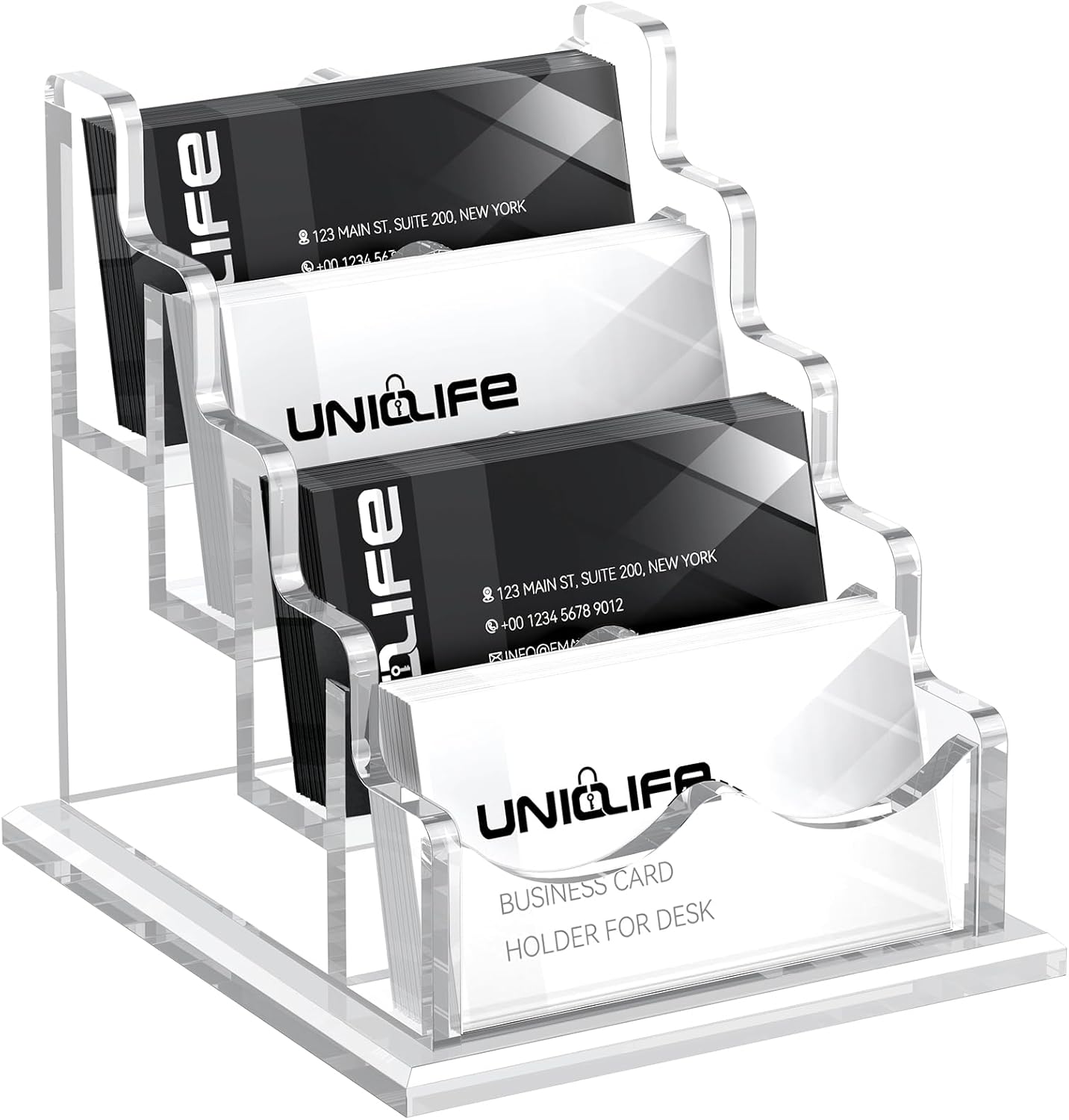 Uniclife Acrylic Business Card Holder for Desk 4 Slots Clear Horizontal Business Card Display Stand for Men & Women Desktop Name Card Organizer Card Stand for Office Home Exhibition, 240 Card Capacity