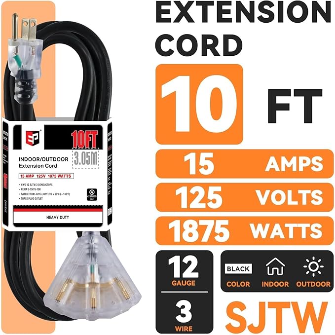 EP 10 Ft Lighted Outdoor Extension Cord with 3 Electrical Power Outlets - 12/3 SJTW Heavy Duty Black Extension Cable with 3 Prong Grounded Plug for Safety, UL Listed