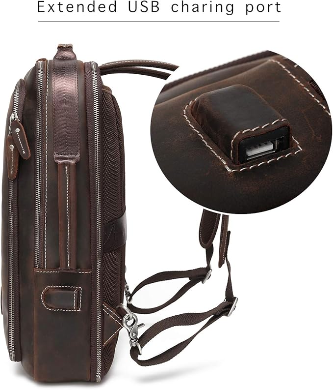 LANNSYNE Men's Full Grain Leather Expandable 15.6 Laptop Backpack Tote Shoulder Travel Bag Rucksack