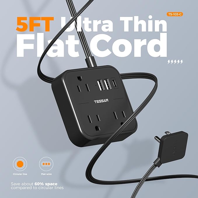 Surge Protector Power Strip, TESSAN Flat Extension Cord 5 FT with USB Ports (1 USB C) and 3 Outlets, Ultra Thin Flat Plug Wall Charger for Home, Office, School, Dorm Room Essentials, Black