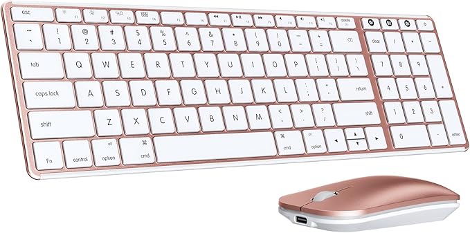 seenda Bluetooth Keyboard and Mouse for Mac, SKM64-2 Multi-Device Rechargeable Slim Wireless Keyboard Mouse Stainless Steel Full Size, Compatible with MacBook Pro/Air, iPad, Mac - White Rose Gold