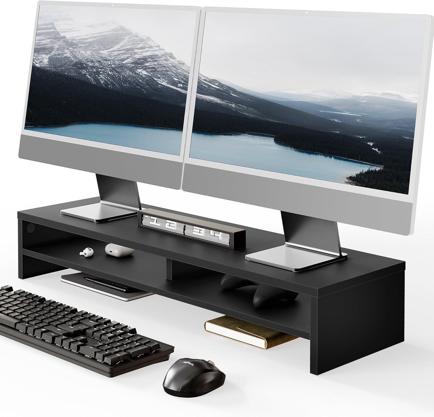 Fenge Monitor Stand, 31.5 Inch Computer Monitor Riser for Desk, 2 Tiers Wood Desk Shelf with Storage, Desktop Organizer for PC, Laptop, Screen, Printer