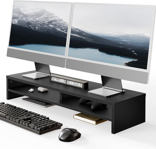 Fenge Monitor Stand, 31.5 Inch Computer Monitor Riser for Desk, 2 Tiers Wood Desk Shelf with Storage, Desktop Organizer for PC, Laptop, Screen, Printer