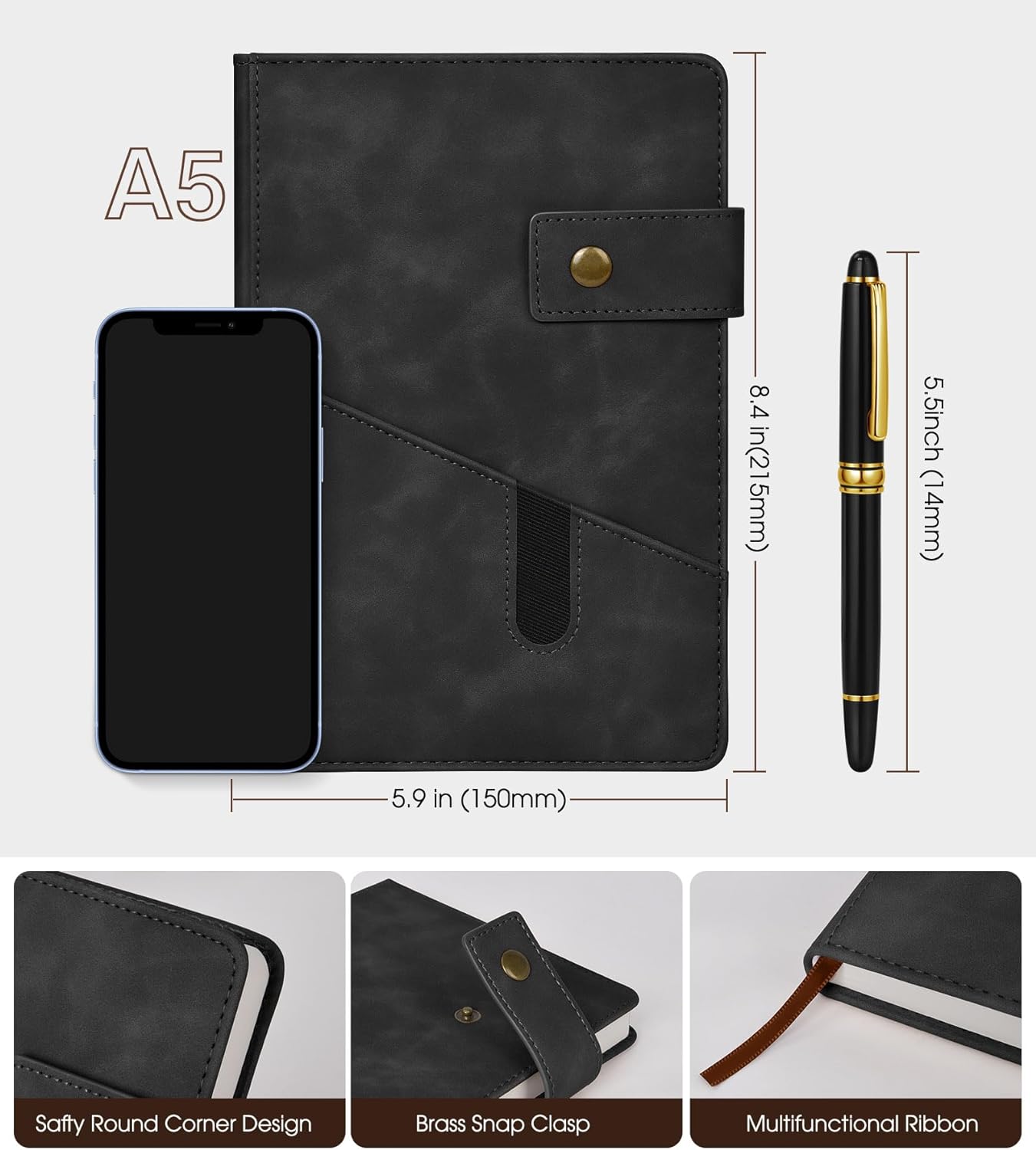 A5 Lined Leather Journal Notebook,Hardcover Journal Set with Pen and Gift Box,100Pages 100gsm Thick Ruled Paper Daily Diary for Men Women School,Travel,Business,Work,Writing 5.9" X 8.4"