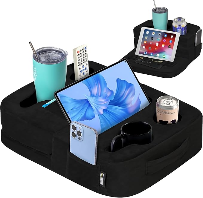 Couch Cup Holder Tray Pillow - Bed, Couch Caddy, Sofa, RV & Car - Holds Drinks, Snacks, Remotes, Phones, Kindle, Tablet | Bed Cup Holder (Black)