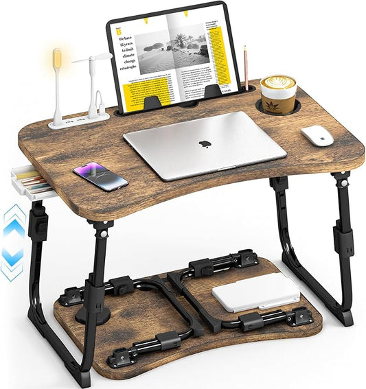 Lap Desk for Bed Adjustable Height, Foldable Bed Table with Storage Drawer, Tablet Slot & Cup Holder, Portable Laptop Stand for Bed & Sofa, Bed Desk for Adults & Kids, Carbonized