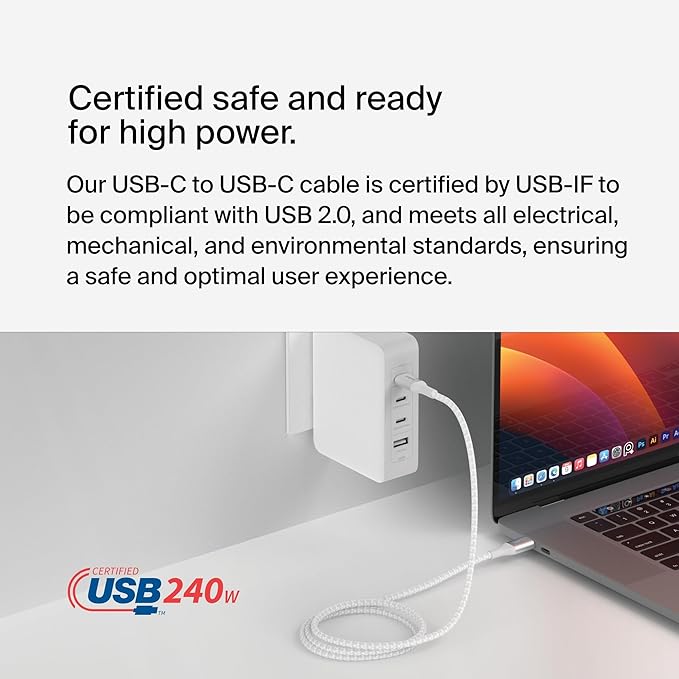 Belkin BoostCharge USB-C to USB-C Power Cable (2M/6.6ft) Fast Charging Cable 240W Power Delivery USB-IF for MacBook Pro, iPad, iPhone 16 Series, Galaxy S25 Series, Nintendo Switch 2 & More - White