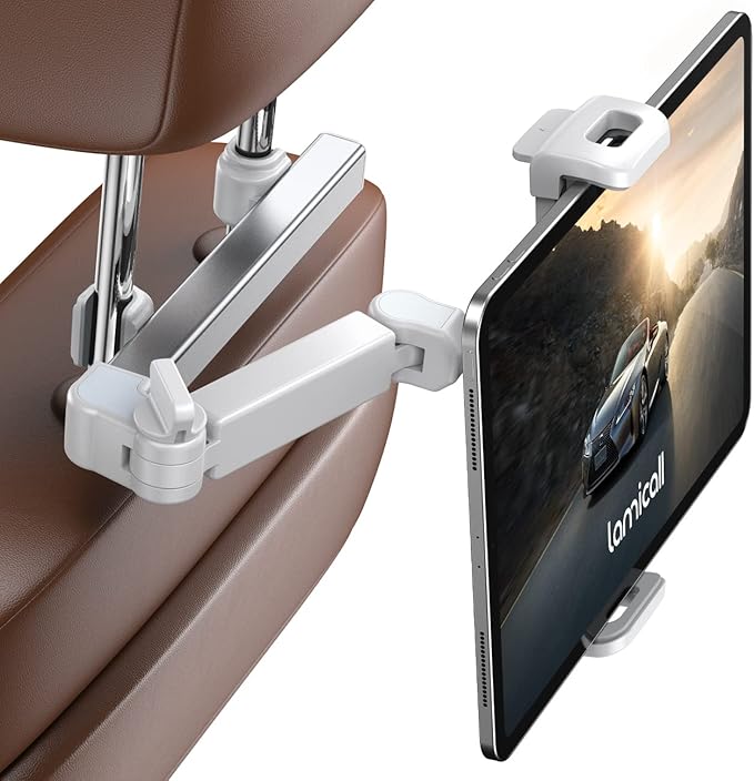Lamicall Car Headrest Tablet Holder - [Extension Arm] Upgrade Adjustable Tablet Car Mount for Back Seat, Road Trip Essentials for Kids, for 4.7-11" Device like iPad Pro, Air, Mini, Galaxy, Fire, White