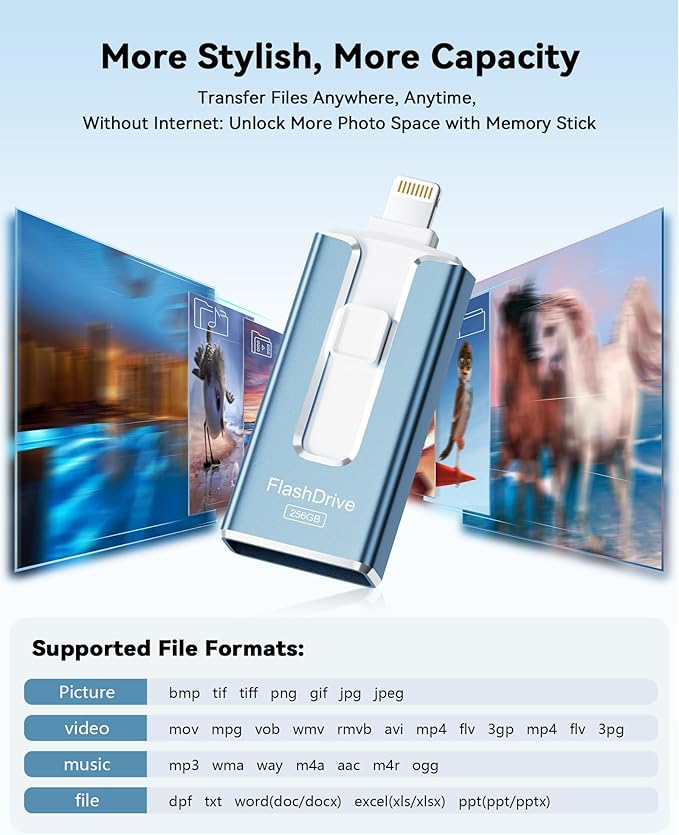 MFi Certified Flash Drive for iPhone 256GB, 3 in 1 Type-C USB Memory Stick Thumb Drive for Photos Videos, High Speed External Memory Storage Photo Stick for iPhone iPad Android PC (Sky Blue)