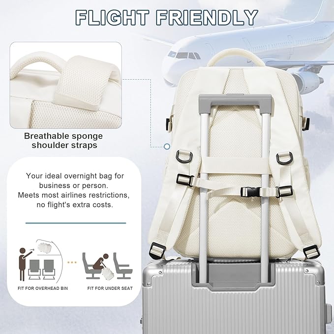 VECAVE Carry On Backpack for Women, Airline Approved Large Travel Backpack Flight Approved, Waterproof 14 Inch Laptop Backpack Business Work Backpacks Bag Men Mochila De Viaje Beige.