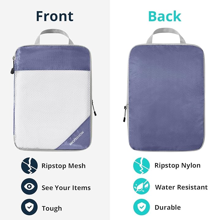 Compression Packing Cubes 3 Set, Compressible Space-Saving Packing Cubes for Travel - Compression Bags, Luggage Organizer, Travel Essentials for Women, Bluish Purple