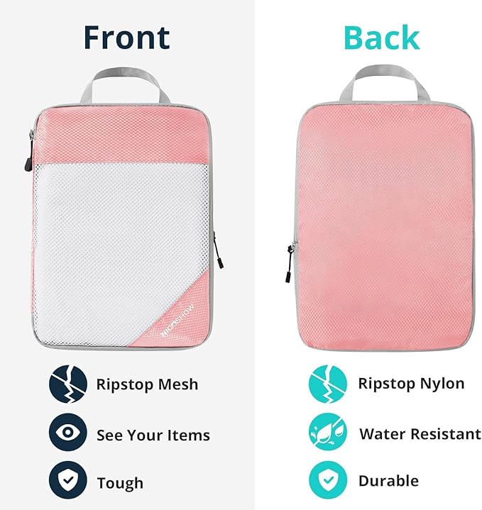 Compression Packing Cubes 6 Set, Compressible Space-Saving Packing Cubes for Travel - Compression Bags, Luggage Organizer, Travel Essentials for Women, Pink