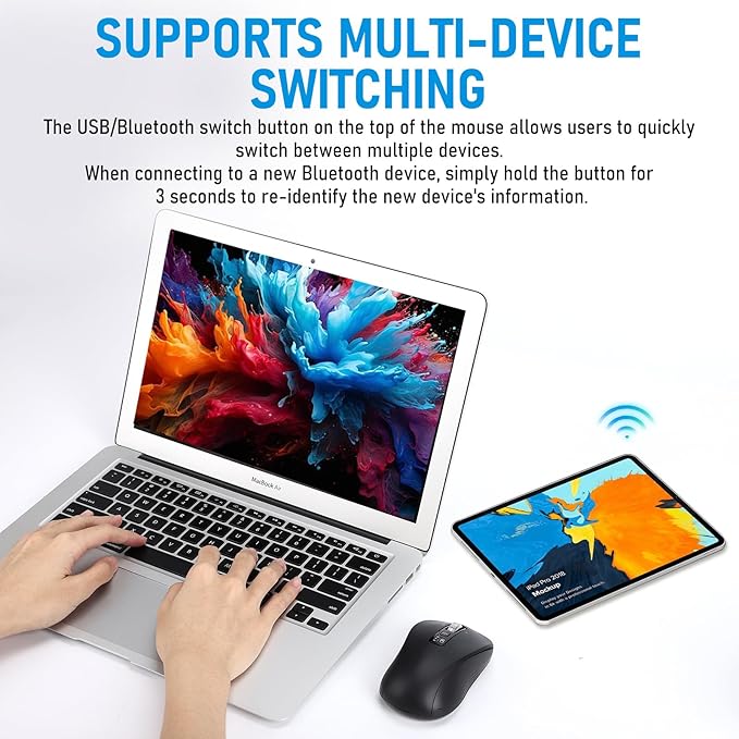 Wireless Mouse with 2 Bluetooth and 1 USB, 4-Way Scrolling, Full Size Mouse, Silent, Long Battery Life, Adjustable Cursor Speed, for Computer, Laptop, Tablets, iPad, Desktop, MacBook (No Side buttons)