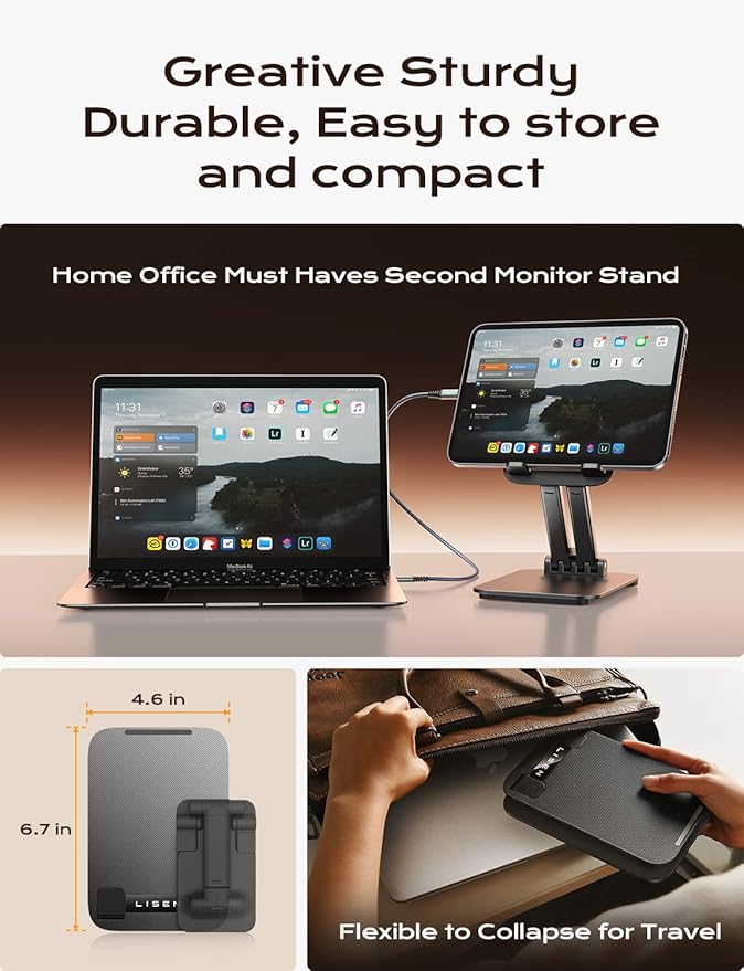 LISEN Tablet Stand for iPad Stand Holder Desk, Foldable Home Office Desk Accessories Travel for iPad Holder Dorm College Essentials Portable Monitor Fits Tabs Kindle iPhone 4-15.9" Black